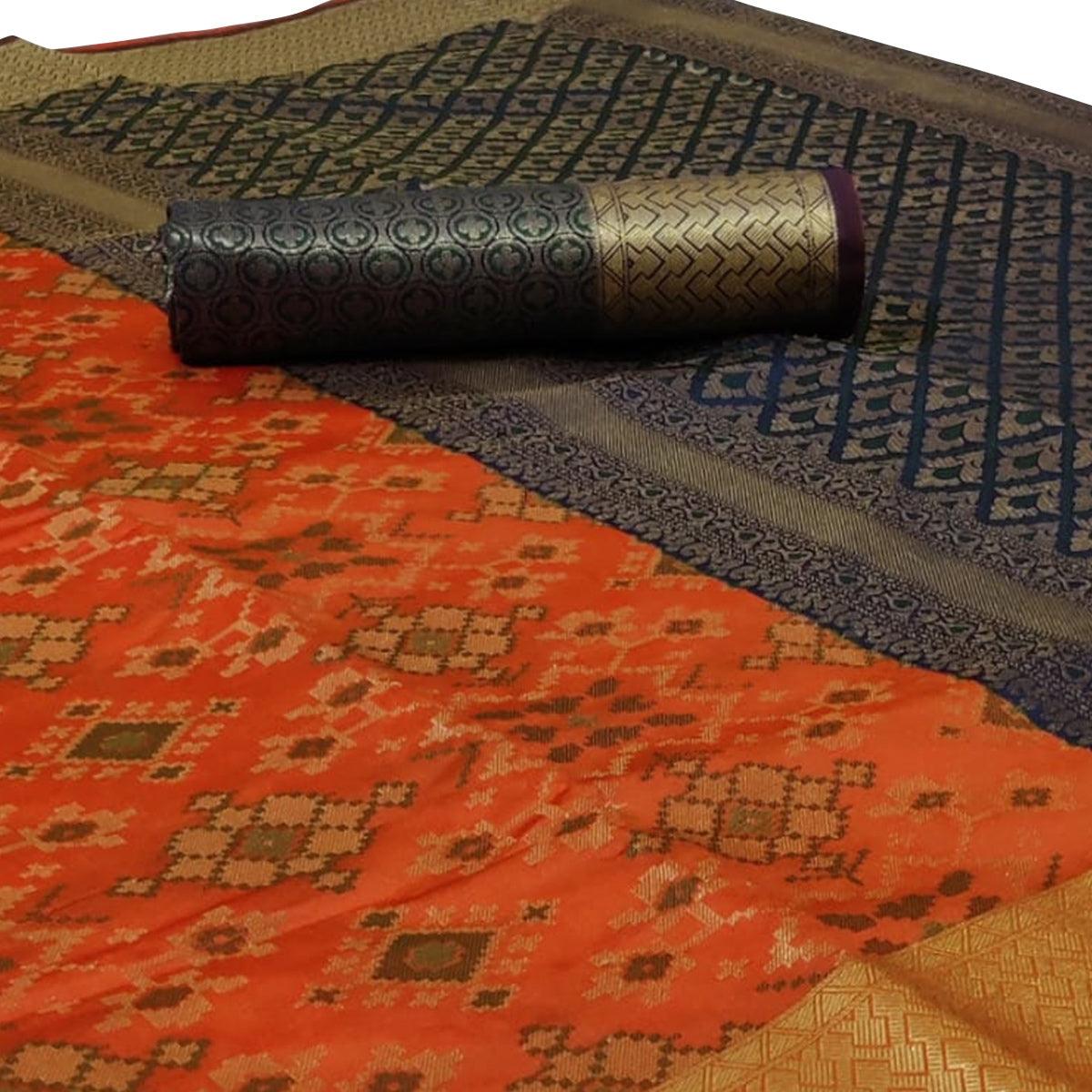 Glowing Peach Colored Festive Wear Woven Silk Saree - Peachmode