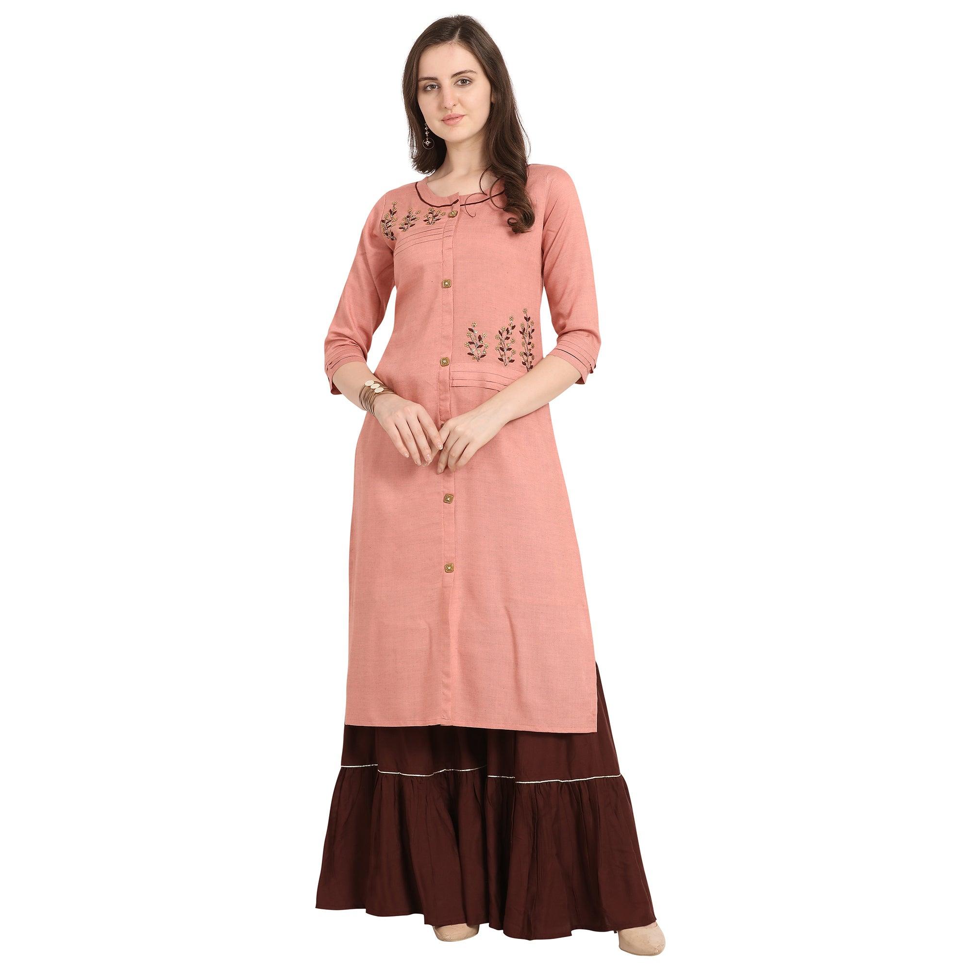 Glowing Pink Colored Party Wear Khatli Work Rayon Kurti-Sharara Set - Peachmode