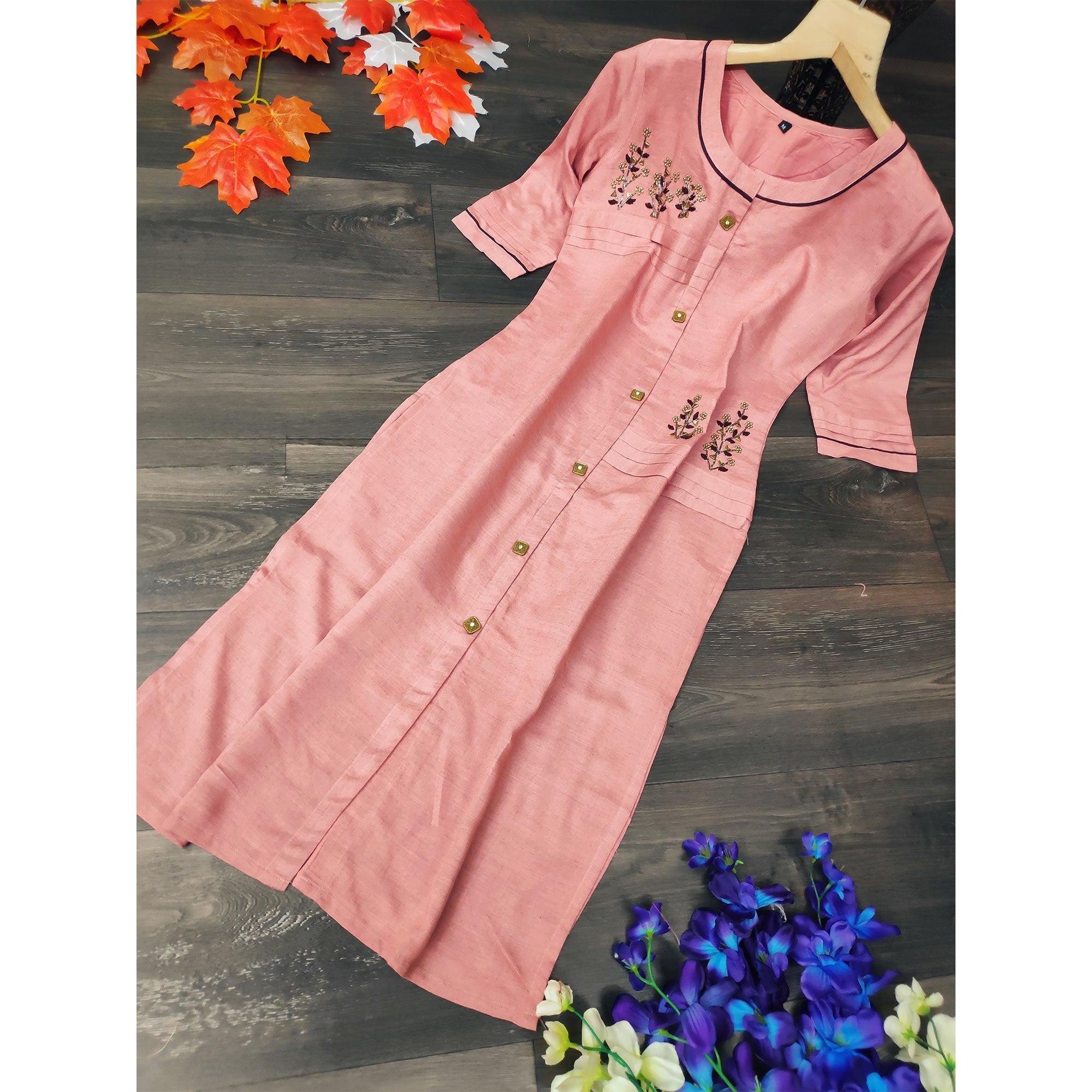 Glowing Pink Colored Party Wear Khatli Work Rayon Kurti-Sharara Set - Peachmode