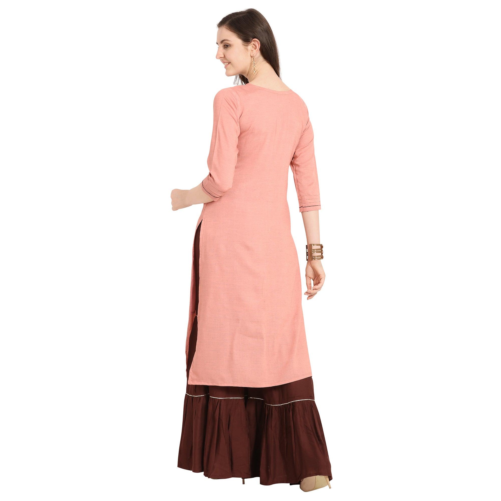 Glowing Pink Colored Party Wear Khatli Work Rayon Kurti-Sharara Set - Peachmode