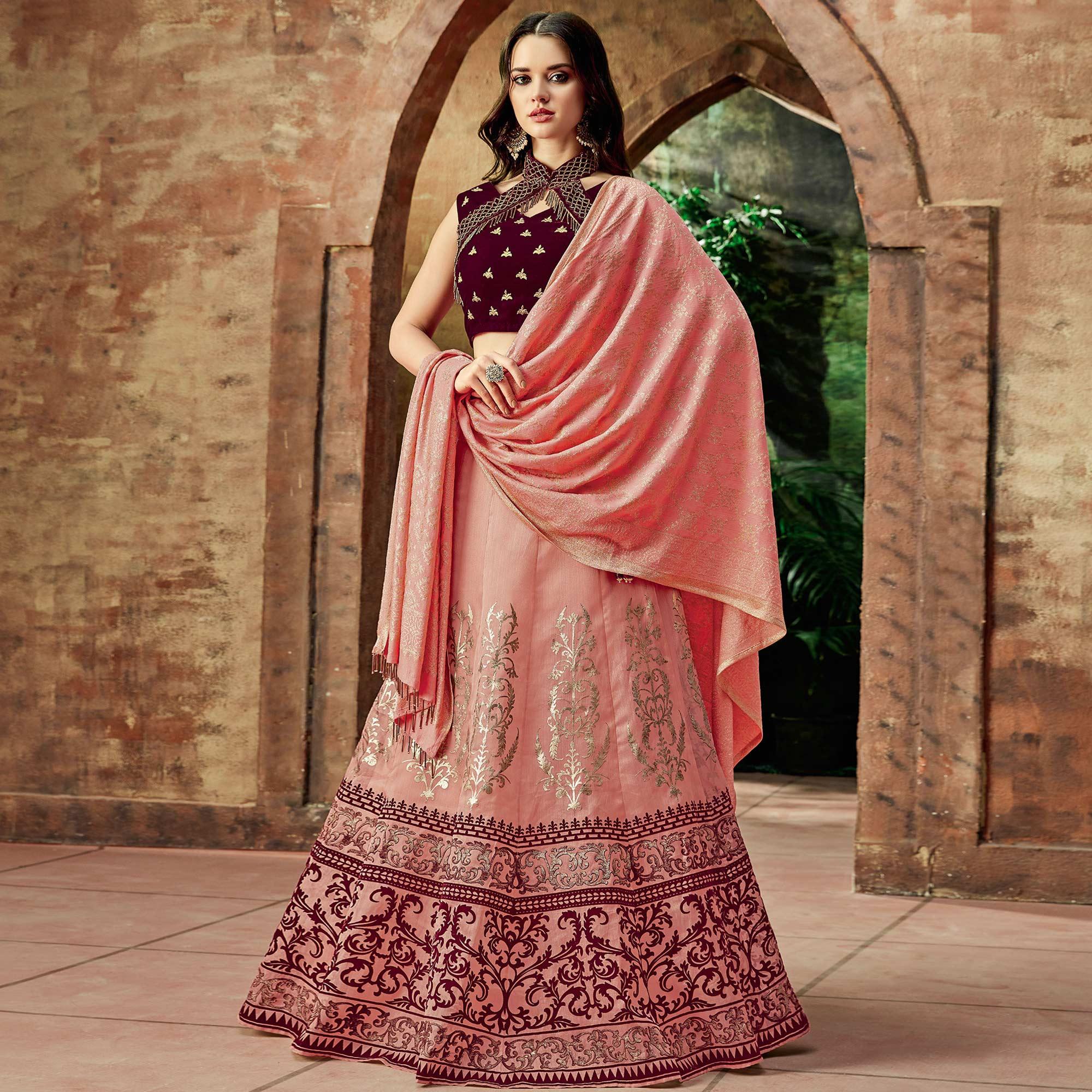 Glowing Pink Colored Partywear Embroidered Silk Lehenga Choli - Peachmode