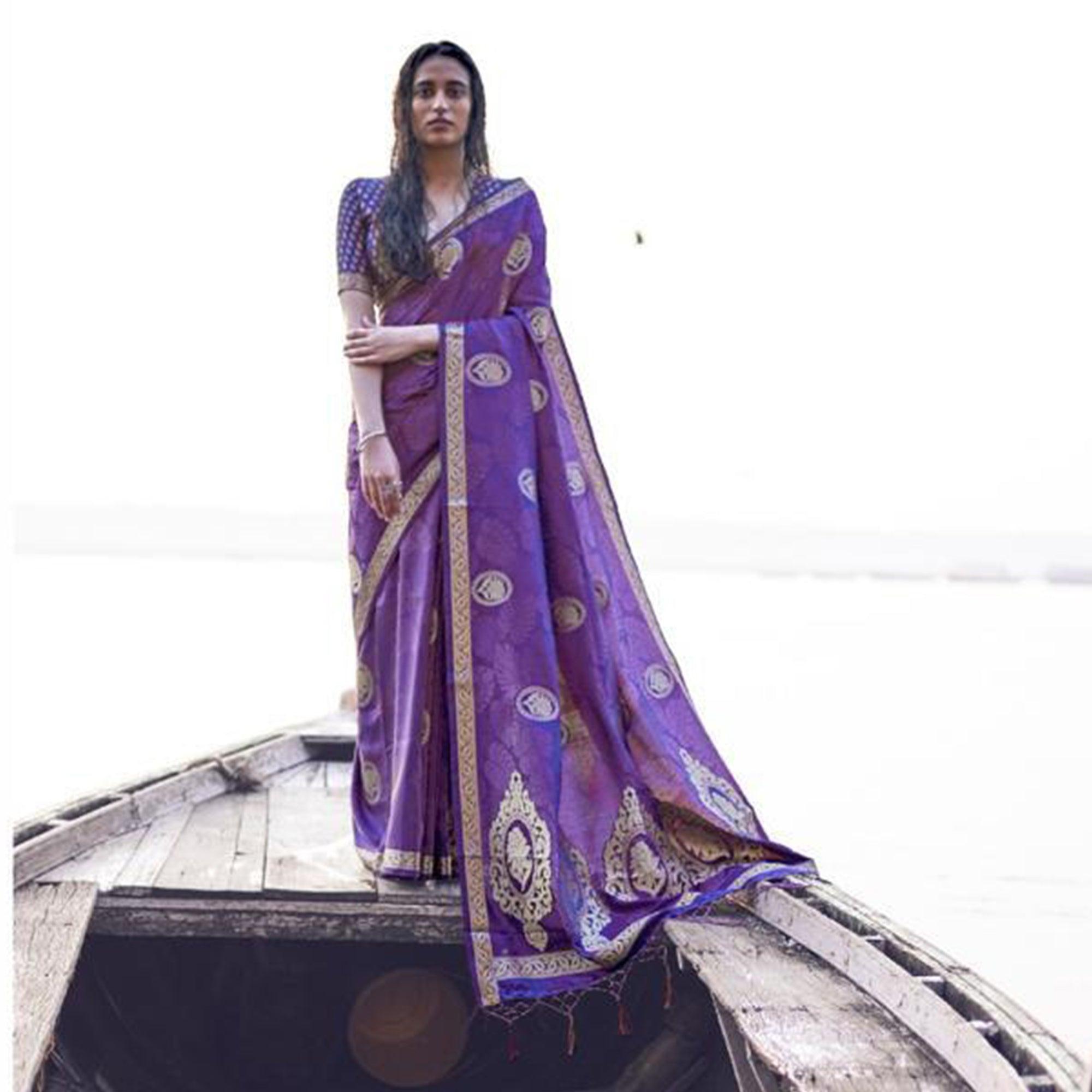 Glowing Purple Colored Festive Wear Woven Pure Satin Silk Saree - Peachmode