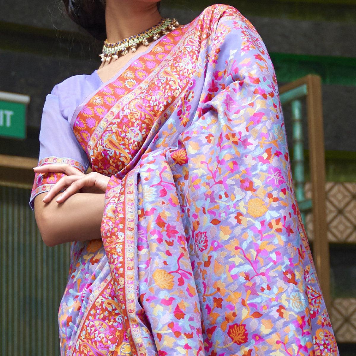 Glowing Purple Coloured Festive Wear Handloom Woven Silk Saree - Peachmode