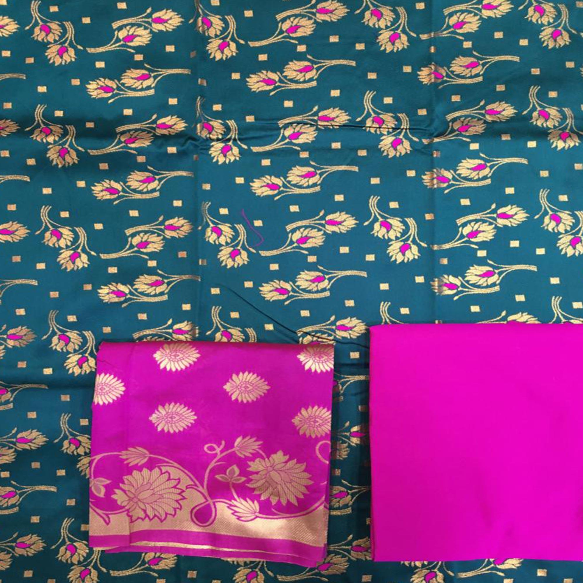 Glowing Rama Green Colored Casual Wear Woven Banarasi Silk Dress Material - Peachmode