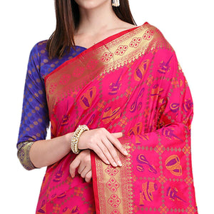 Glowing Rani Pink Colored Festive Wear Woven Silk Saree - Peachmode