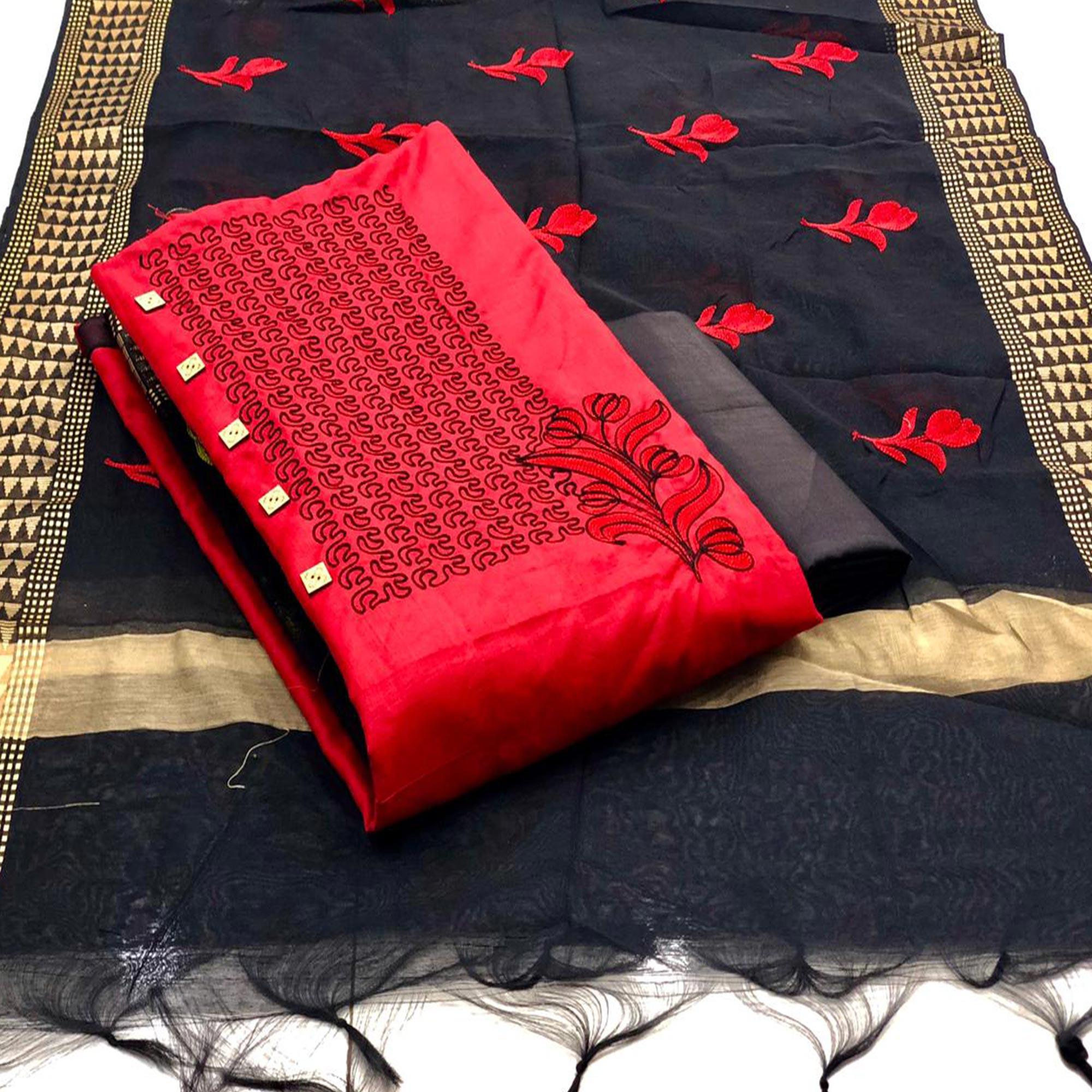 Glowing Red Colored Casual Wear Embroidered Cotton Dress Material - Peachmode