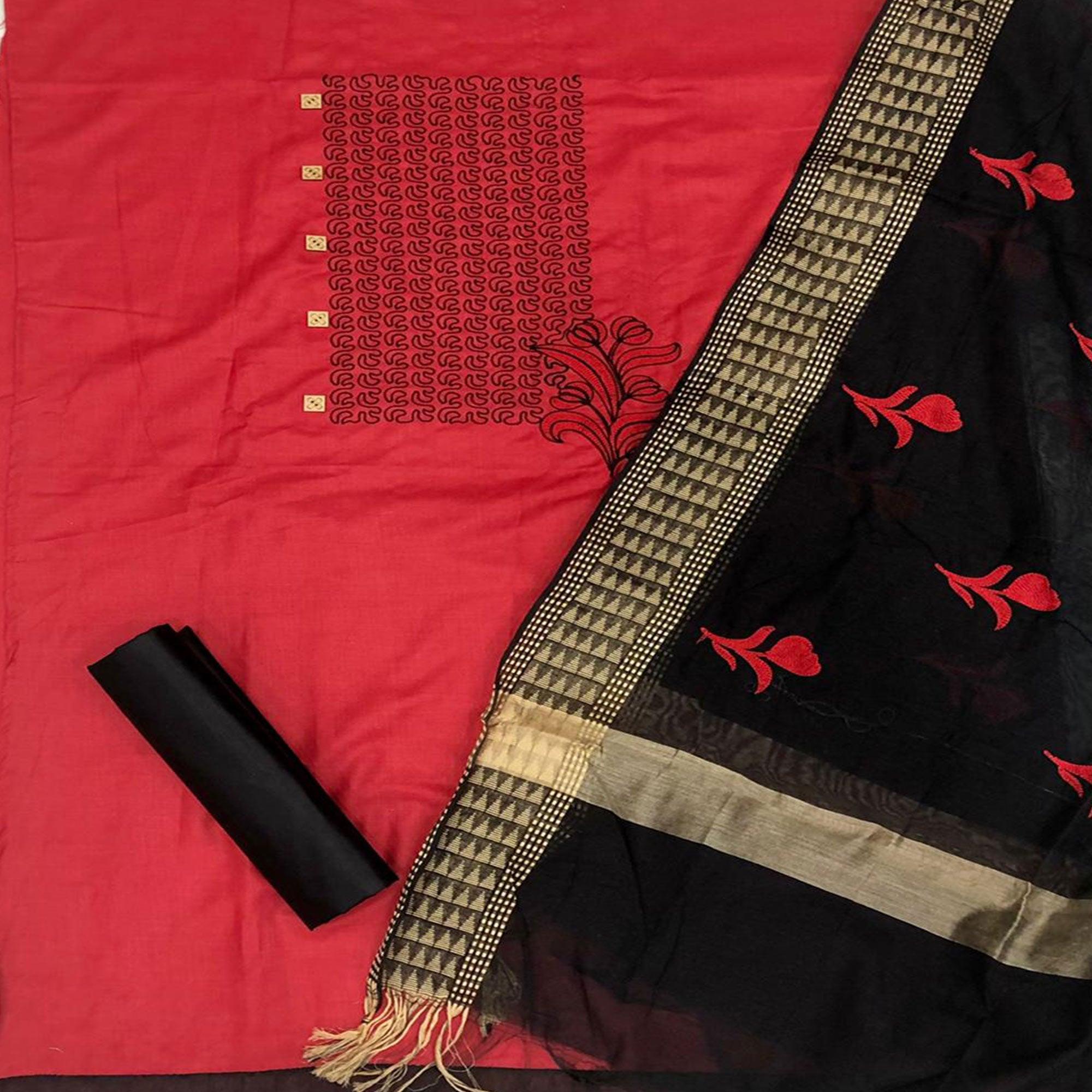 Glowing Red Colored Casual Wear Embroidered Cotton Dress Material - Peachmode