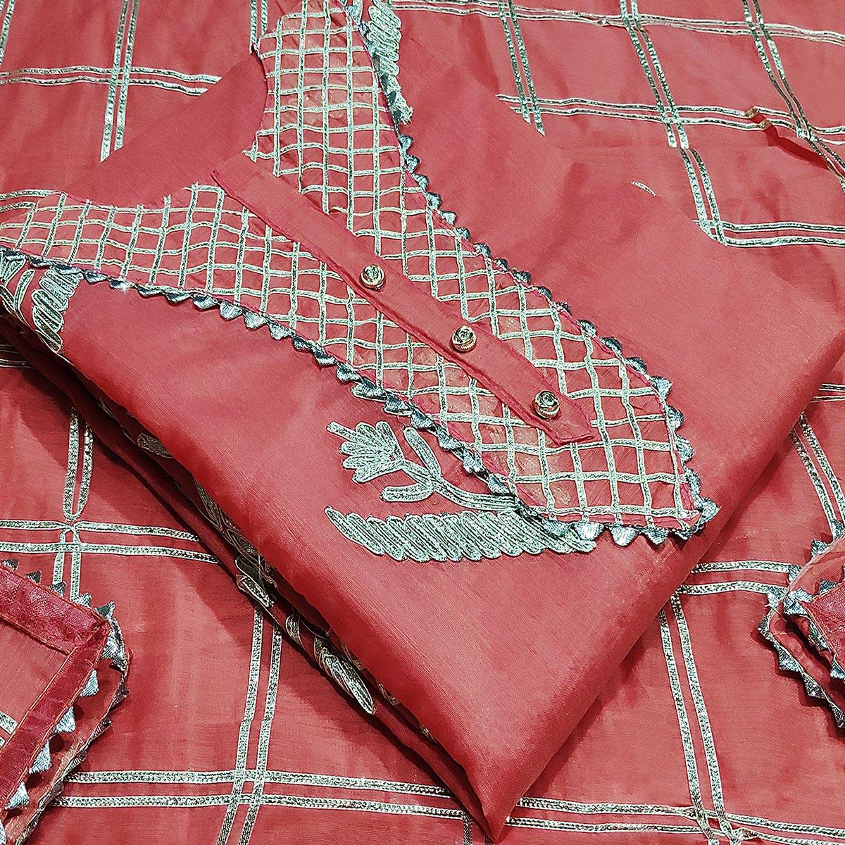 Glowing Red Colored Casual Wear Embroidered Silk Dress Material - Peachmode