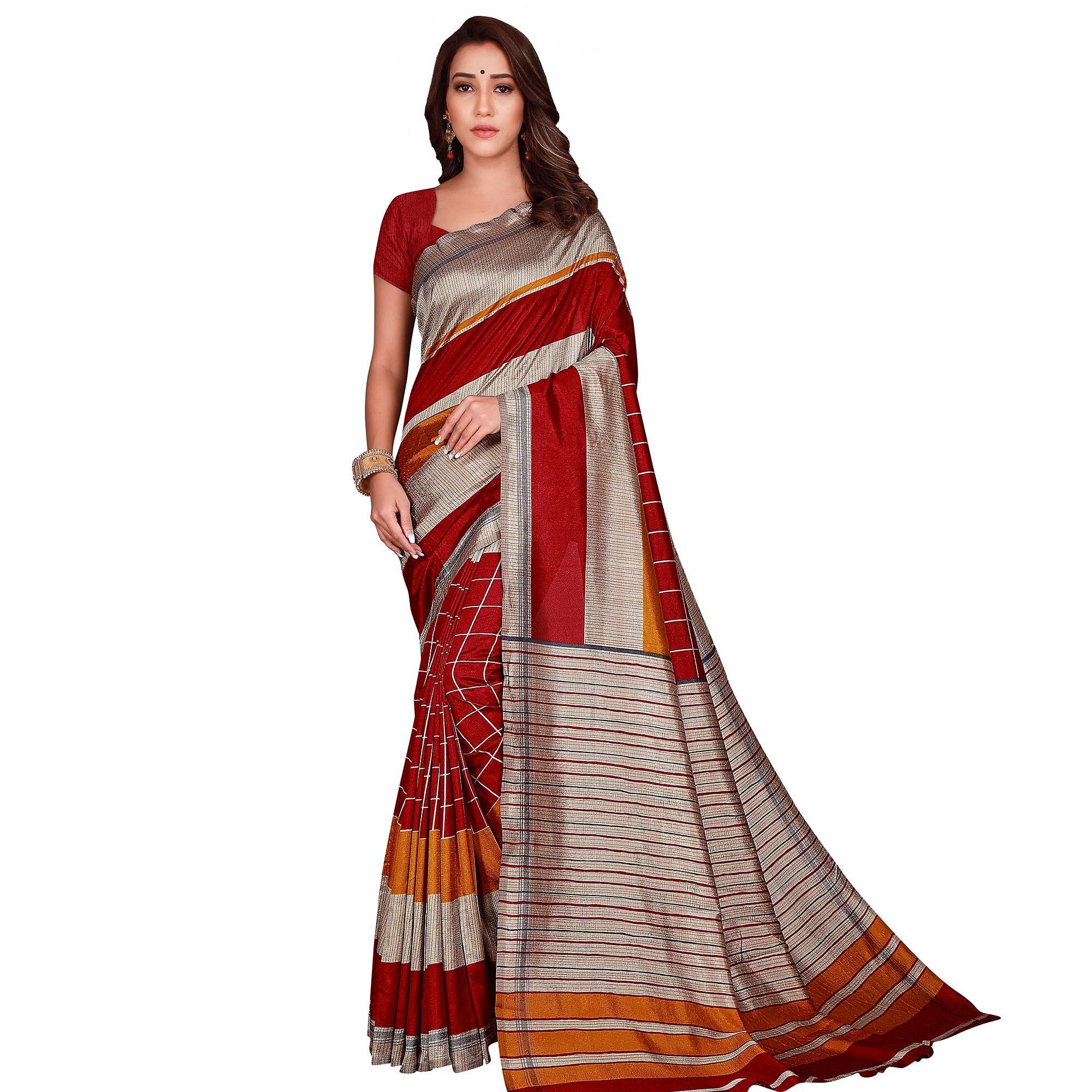Glowing Red Colored Casual Wear Printed Art Silk Saree - Peachmode