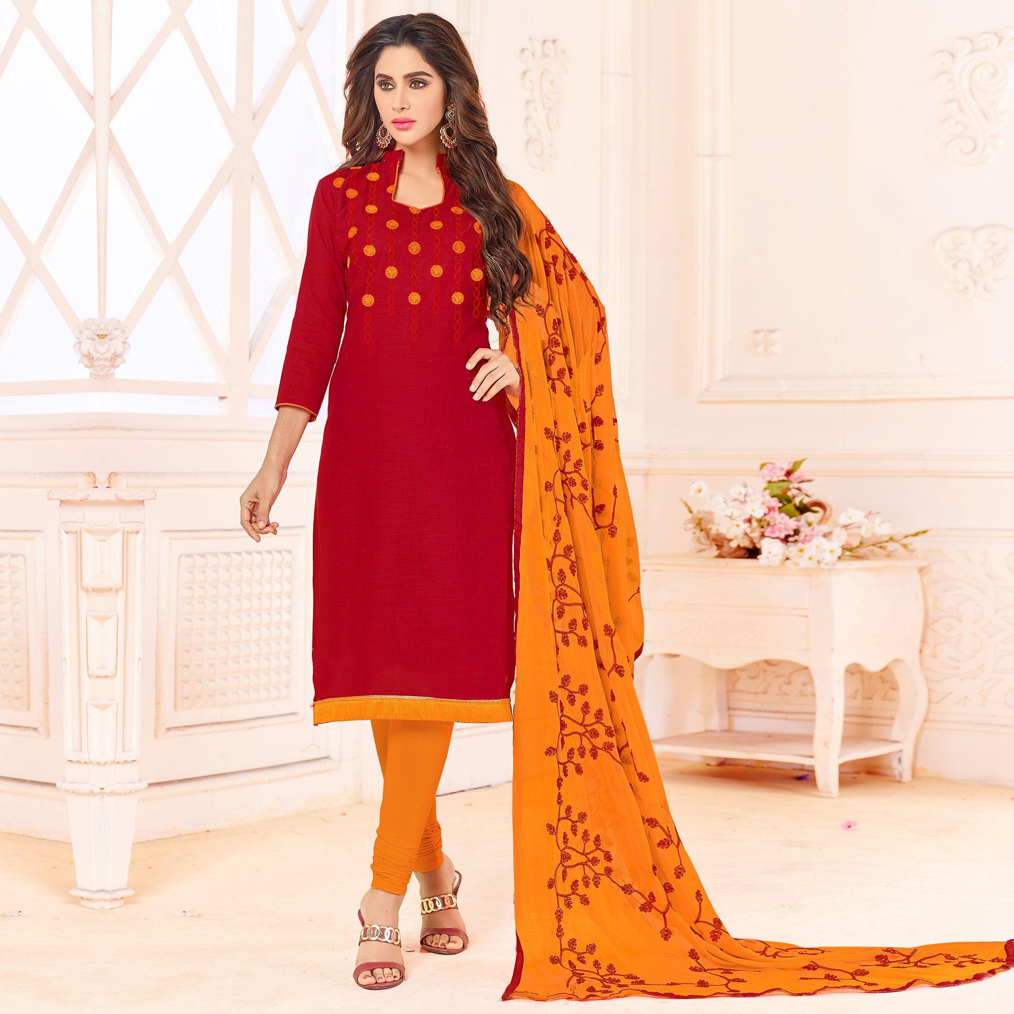 Glowing Red Colored Embroidered Cotton Dress Material - Peachmode