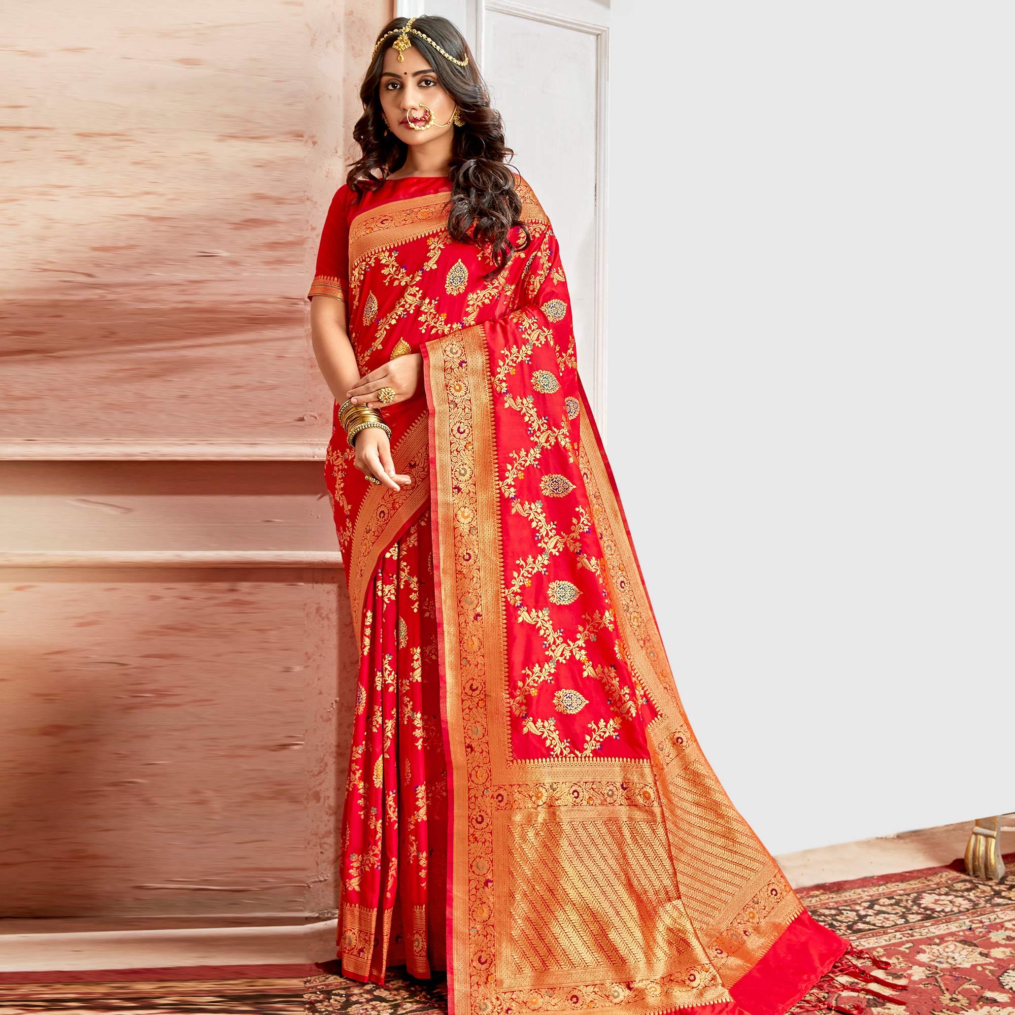 Glowing Red Colored Festive Wear Woven Banarasi Silk Saree - Peachmode