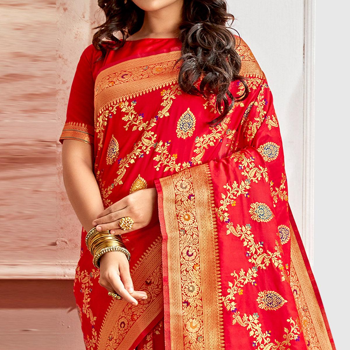 Glowing Red Colored Festive Wear Woven Banarasi Silk Saree - Peachmode