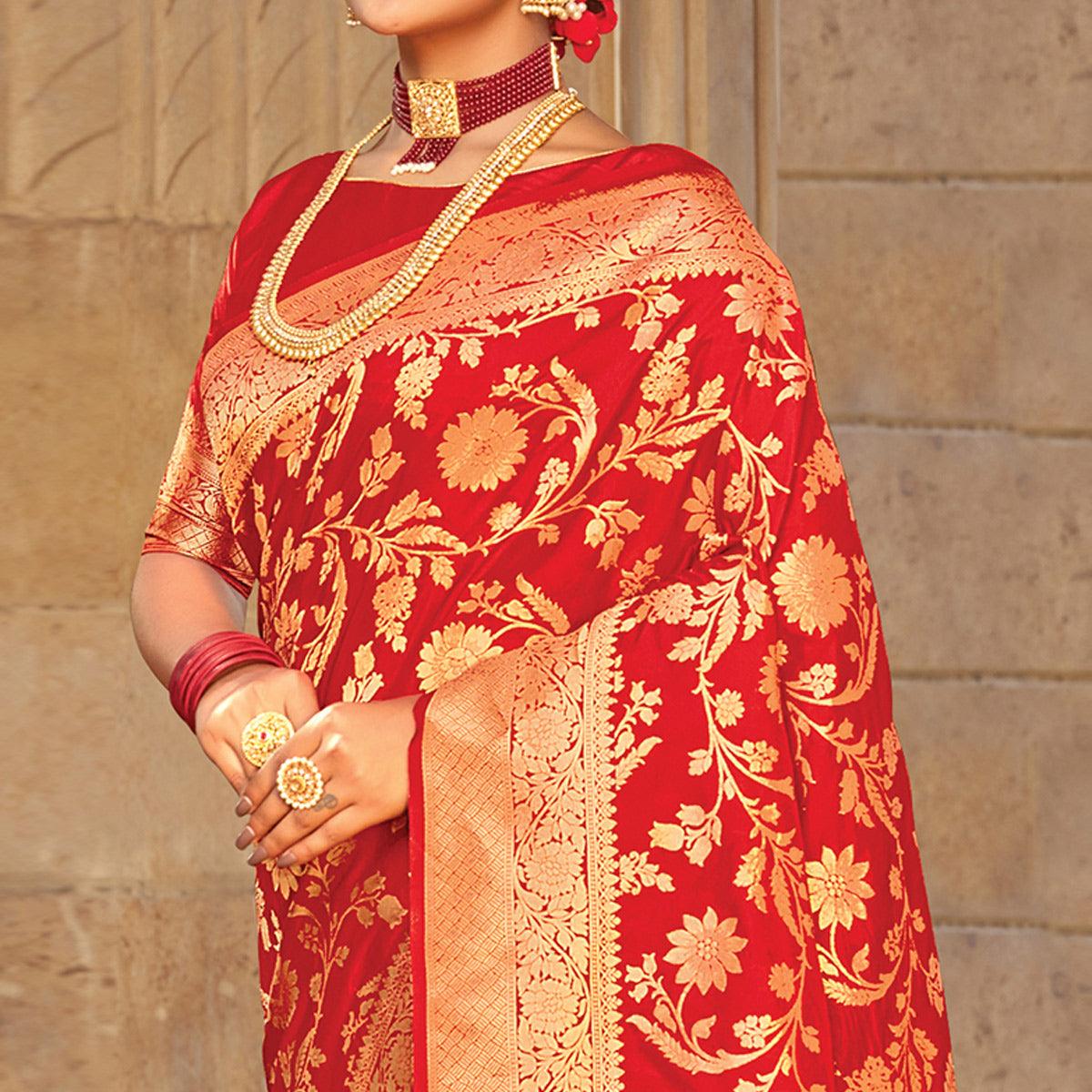 Glowing Red Colored Festive Wear Woven Pure Silk Saree - Peachmode