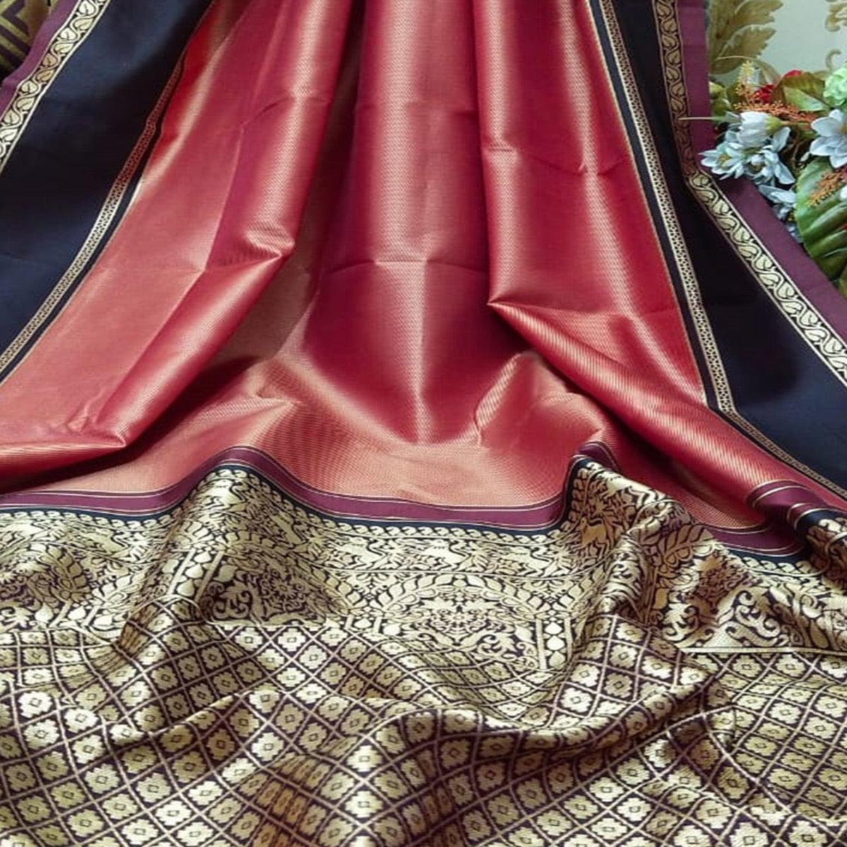 Glowing Red Colored Festive Wear Woven Silk Saree - Peachmode