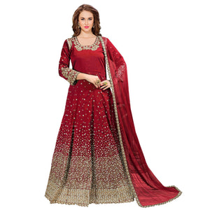Glowing Red Colored Partywear Embroidered Tapeta Silk Anarkali Suit - Peachmode