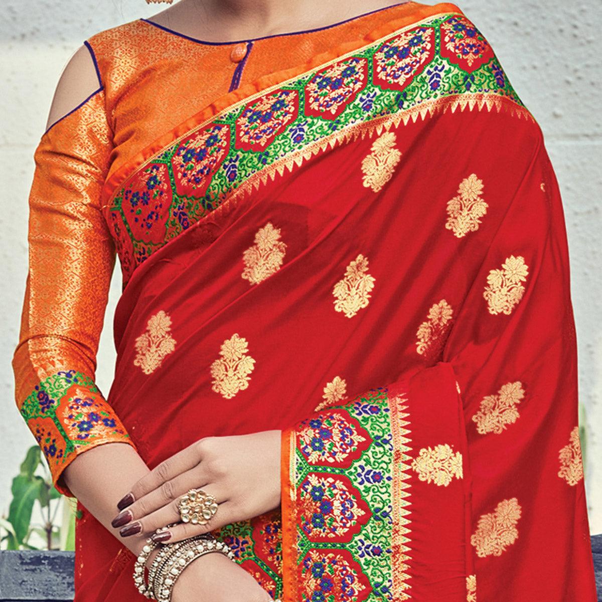 Glowing Red Coloured Festive Wear Woven Silk Saree - Peachmode