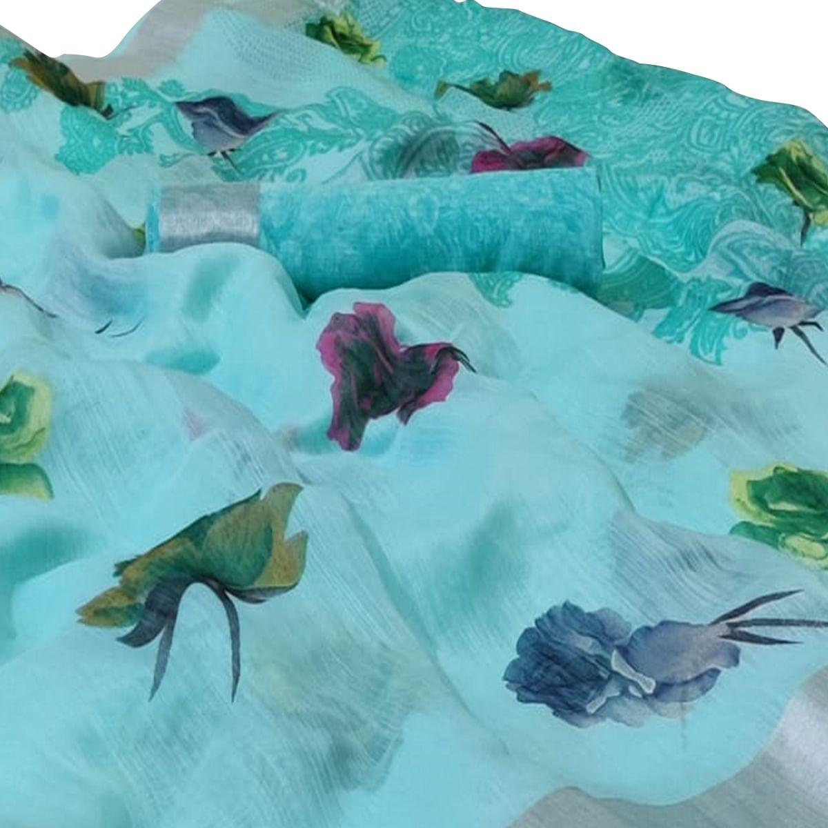 Glowing Sky Blue Colored Casual Wear Printed Linen Saree - Peachmode
