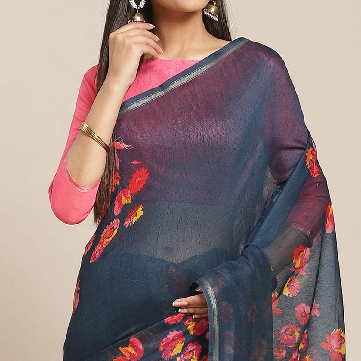 Glowing Teal Green Colored Casual Wear Printed Cotton Blend Saree - Peachmode