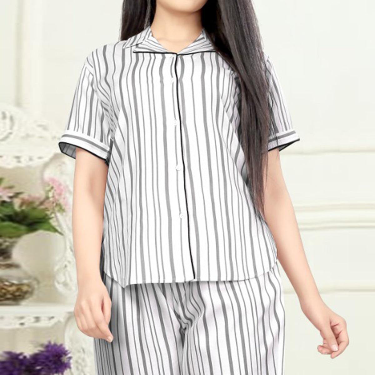 Glowing White - Grey Colored Printed Cotton Rayon Night Suit - Peachmode