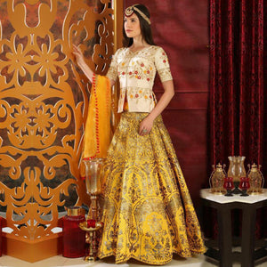 Glowing White-Yellow Colored Party Wear Foil Print Silk Lehenga Choli - Peachmode