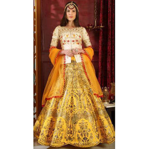 Glowing White-Yellow Colored Party Wear Foil Print Silk Lehenga Choli - Peachmode