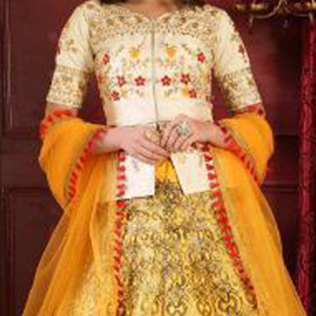 Glowing White-Yellow Colored Party Wear Foil Print Silk Lehenga Choli - Peachmode