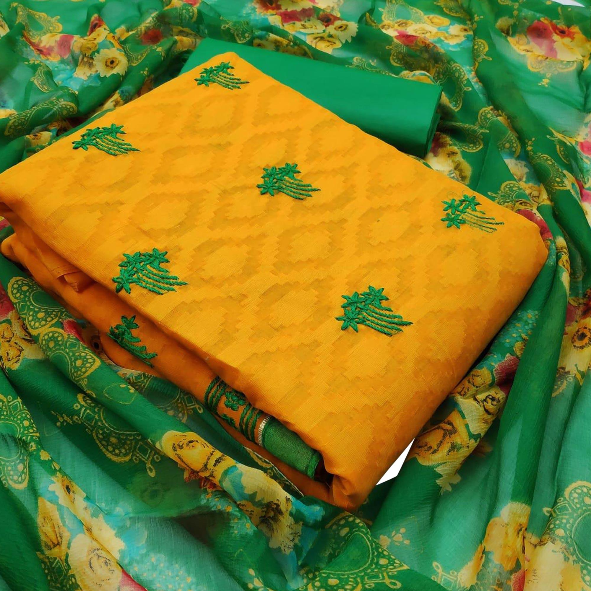 Glowing Yellow Colored Casual Wear Embroidered Jacquard Dress Material - Peachmode