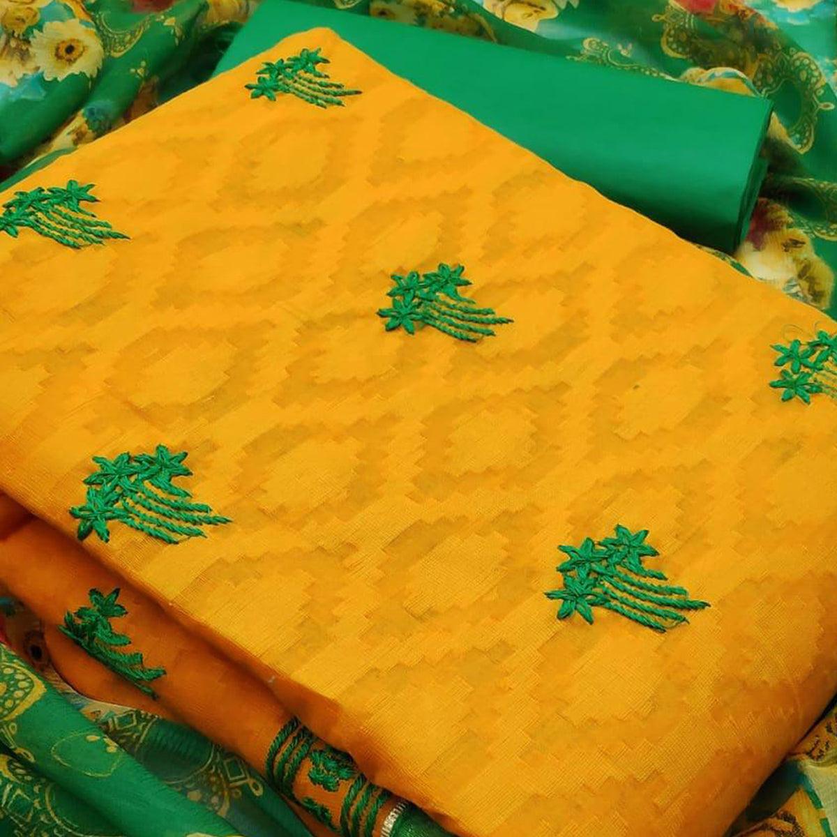 Glowing Yellow Colored Casual Wear Embroidered Jacquard Dress Material - Peachmode