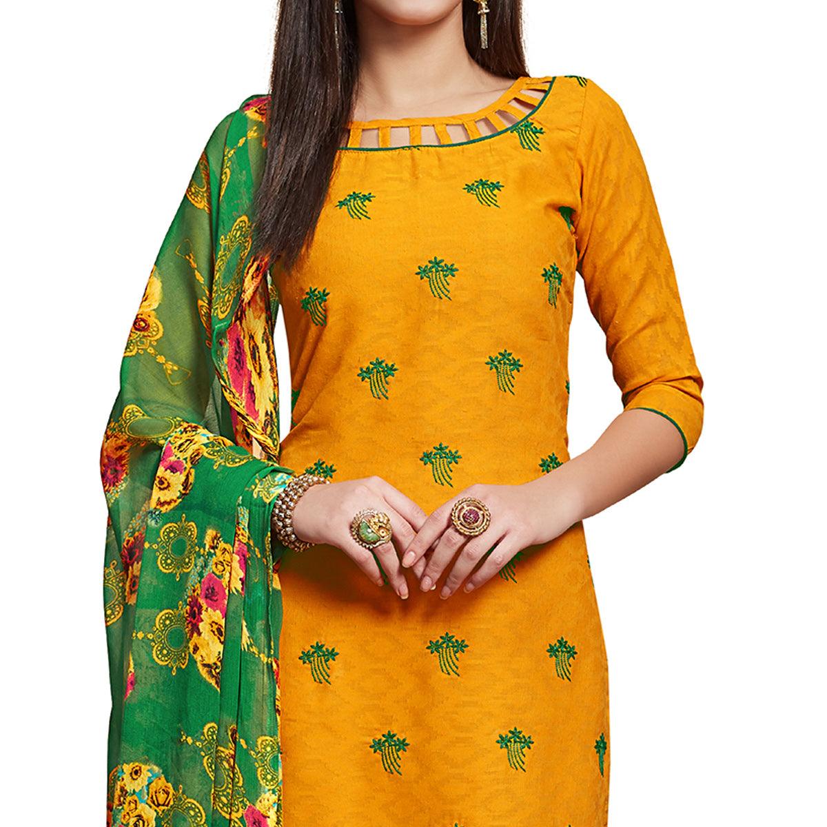 Glowing Yellow Colored Casual Wear Embroidered Jacquard Dress Material - Peachmode