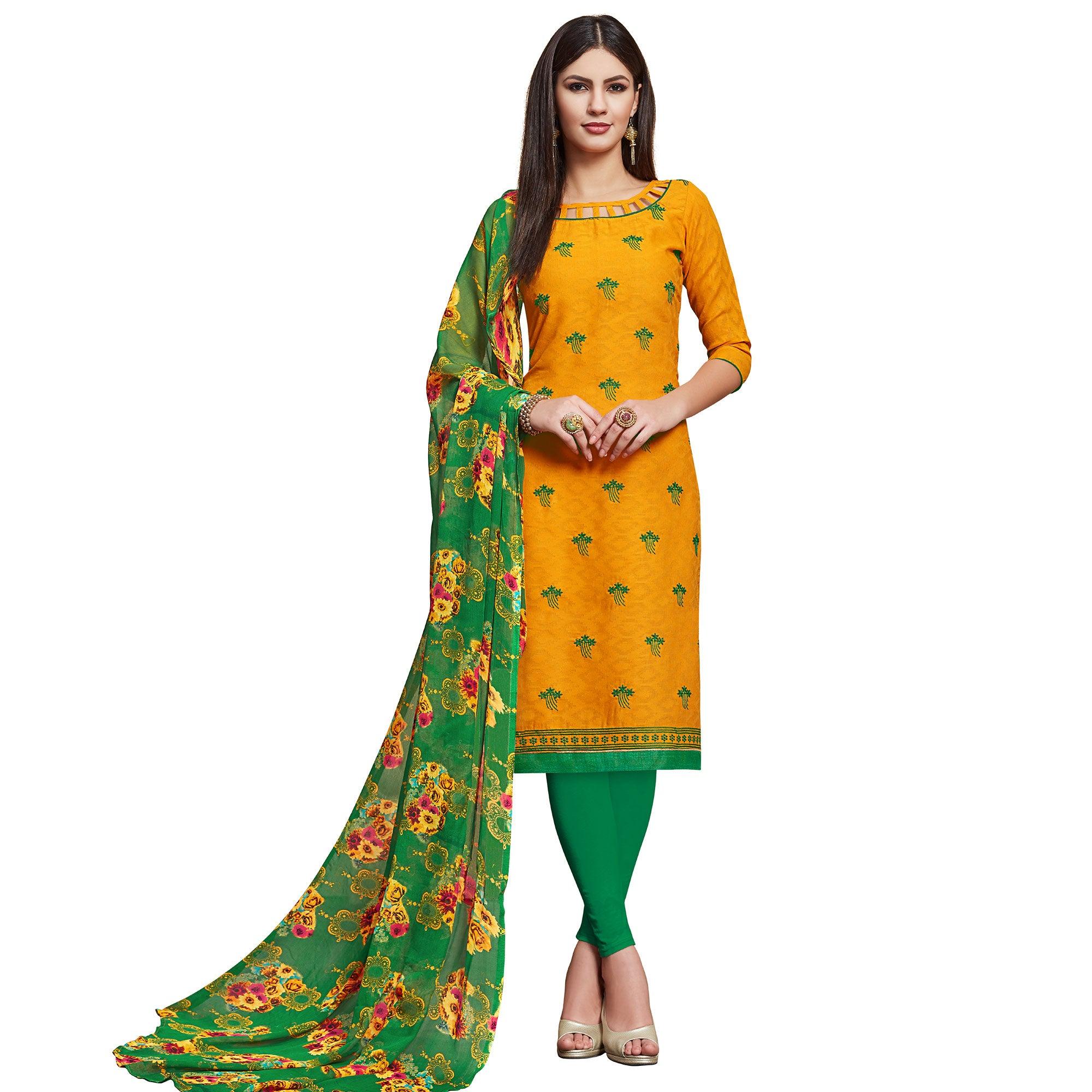 Glowing Yellow Colored Casual Wear Embroidered Jacquard Dress Material - Peachmode
