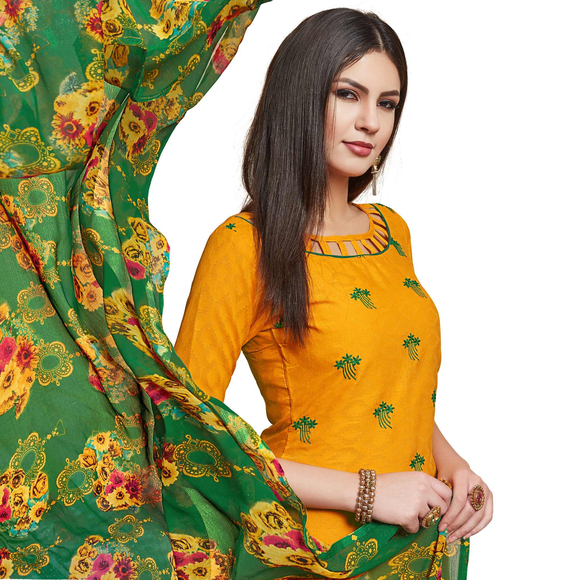 Glowing Yellow Colored Casual Wear Embroidered Jacquard Dress Material - Peachmode