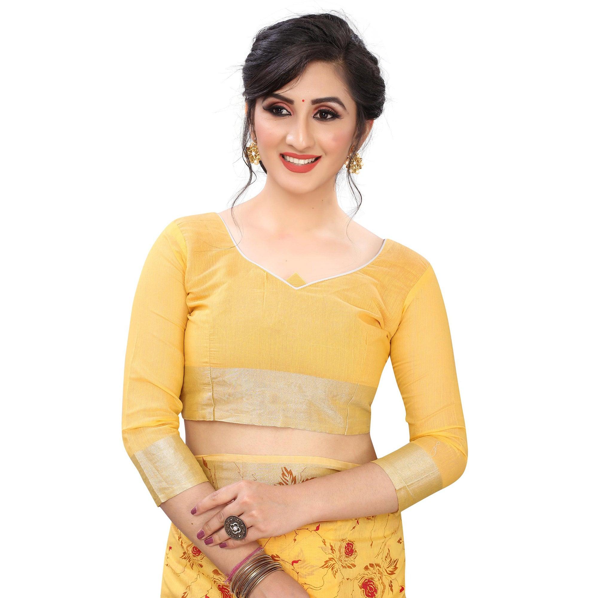 Glowing Yellow Colored Casual Wear Printed Cotton Linen Saree - Peachmode