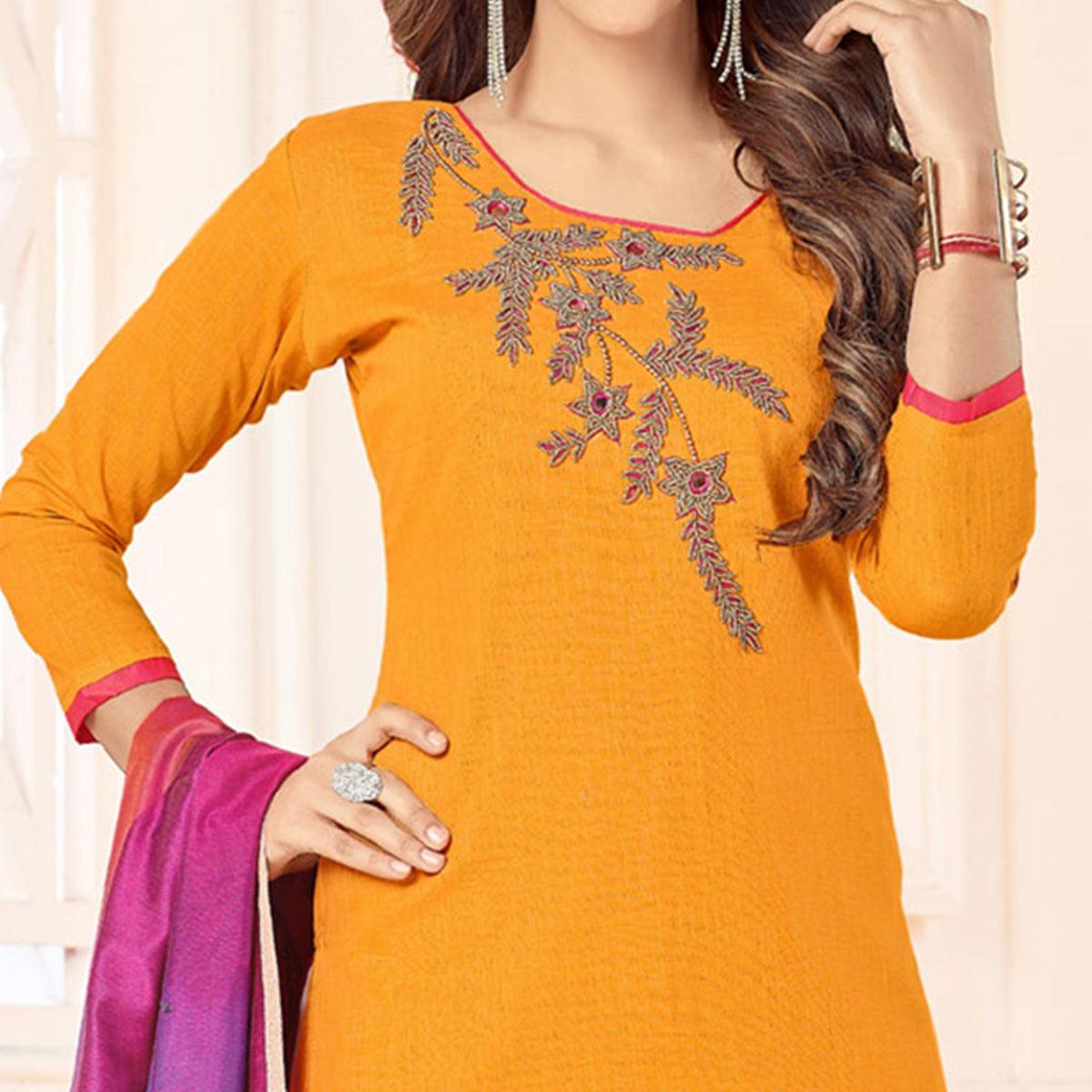 Glowing Yellow Colored Embroidered Khadi Silk Dress Material - Peachmode