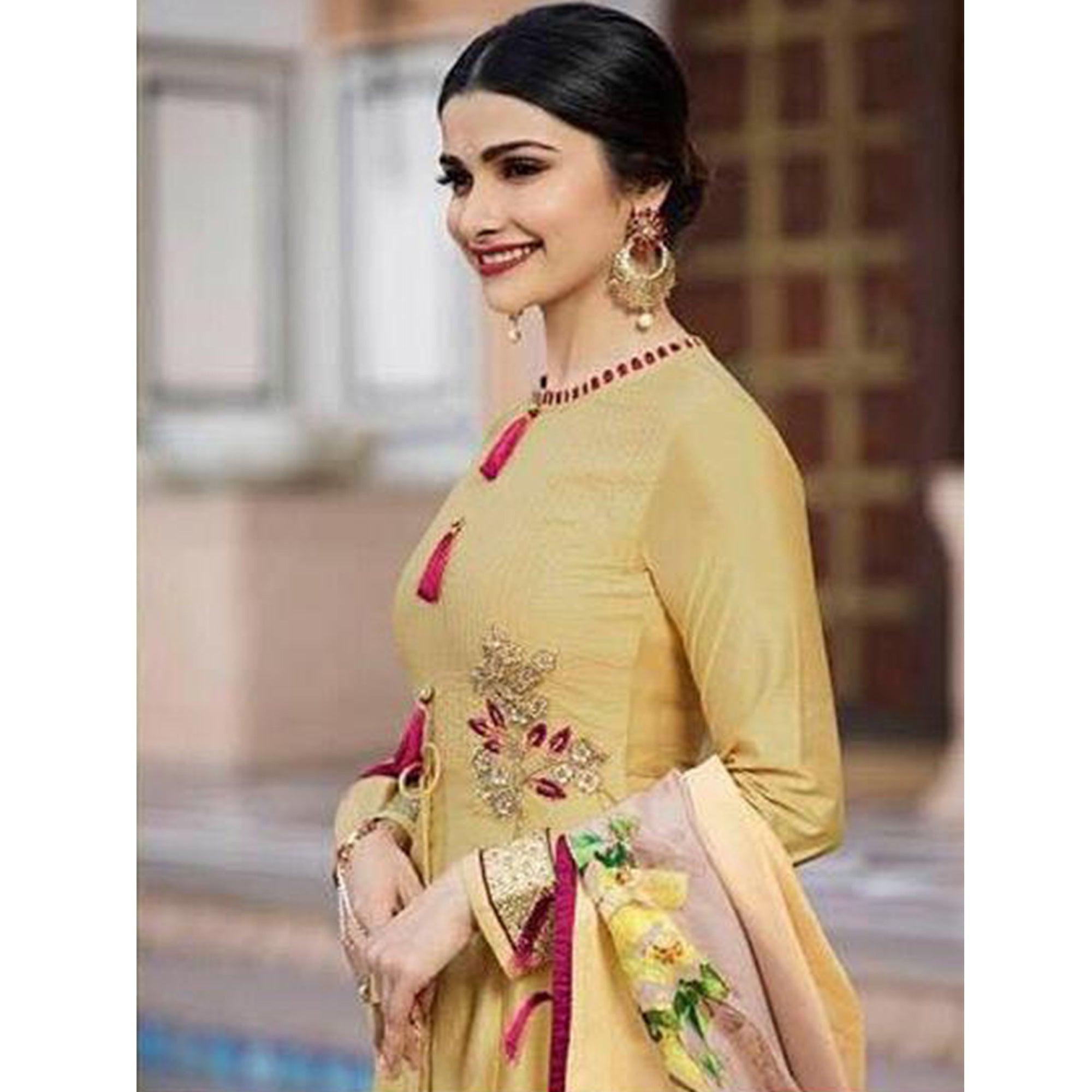 Glowing Yellow Colored Partywear Embroidered Art Silk Anarkali Suit - Peachmode