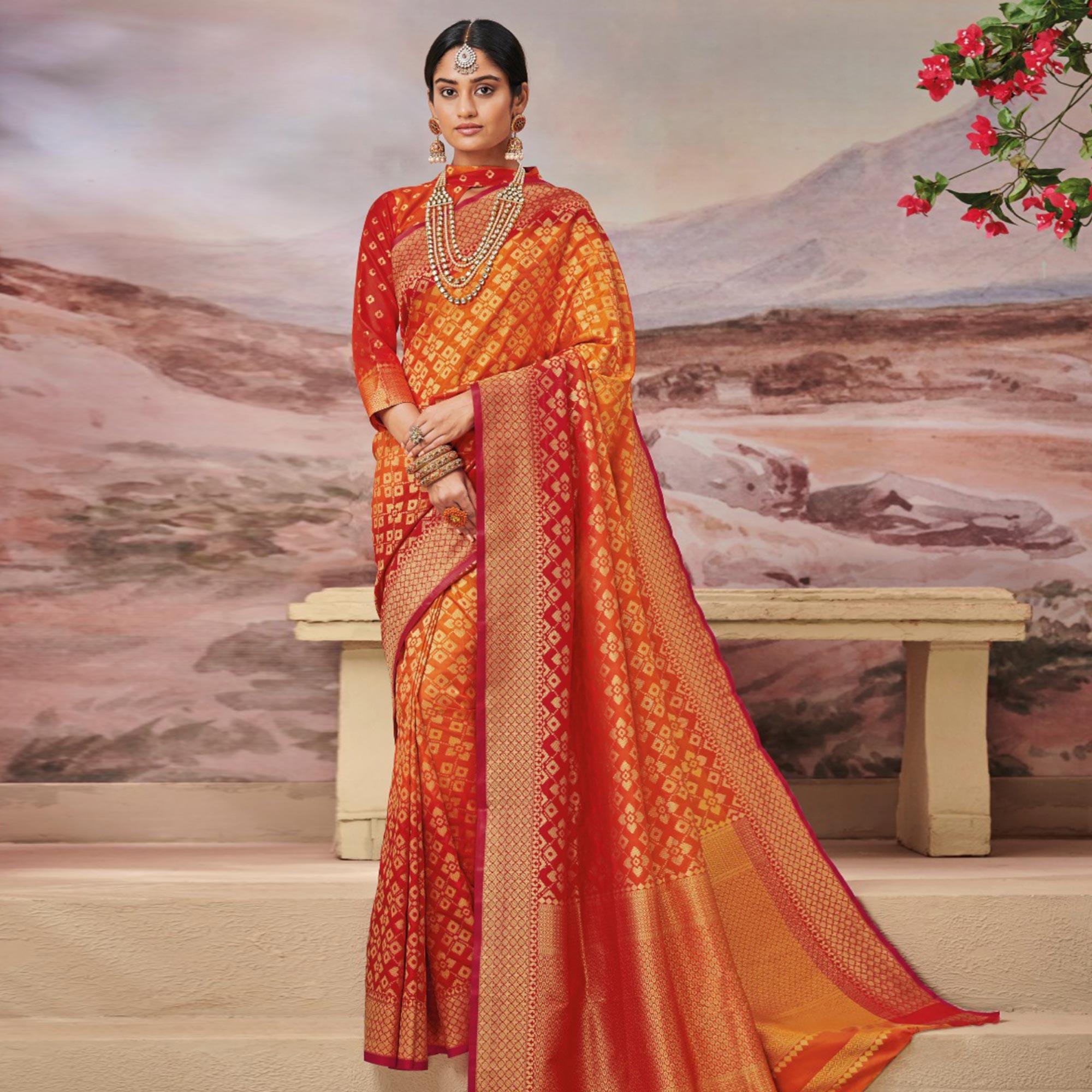 Glowing Yellow - Red Colored Festive Wear Woven Soft Silk Saree - Peachmode