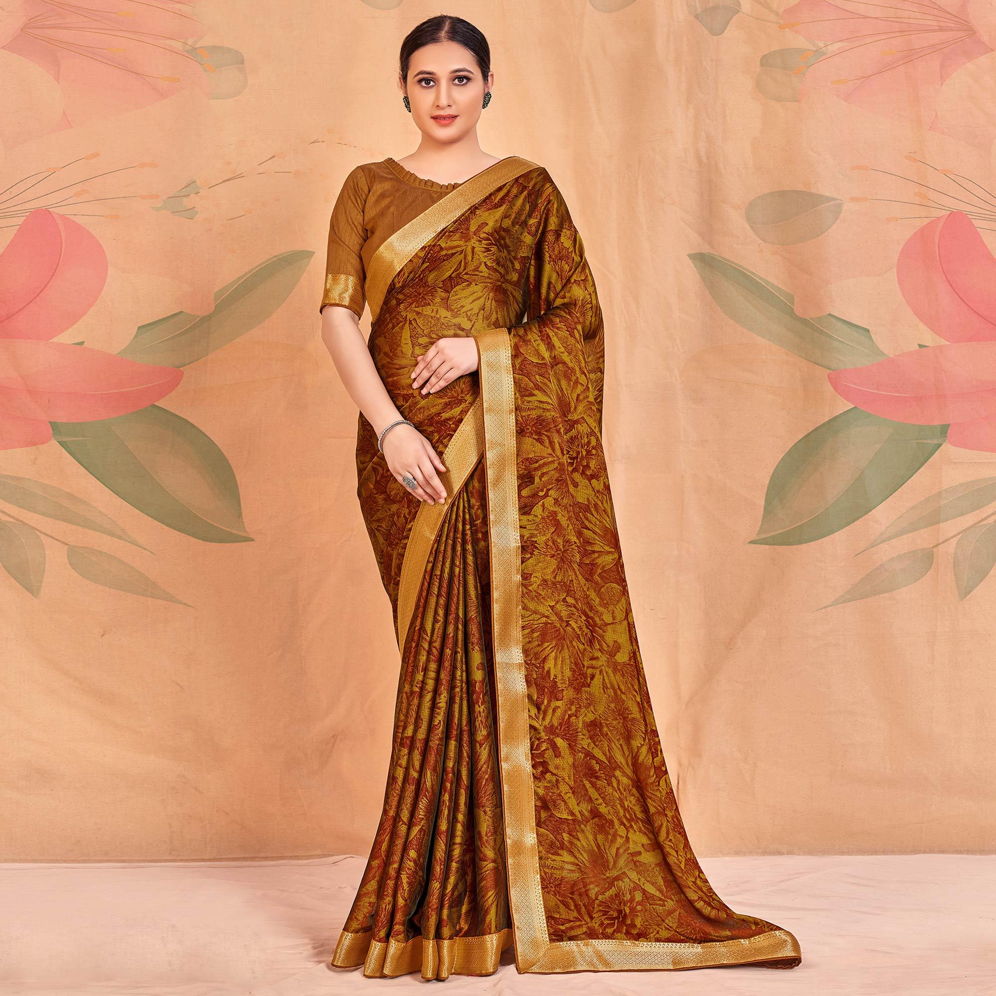 Goden Yellow Casual Wear Printed Chiffon Saree With Banarasi Lace - Peachmode