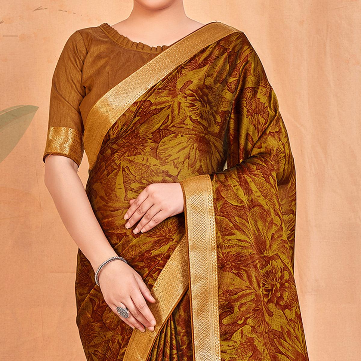 Goden Yellow Casual Wear Printed Chiffon Saree With Banarasi Lace - Peachmode