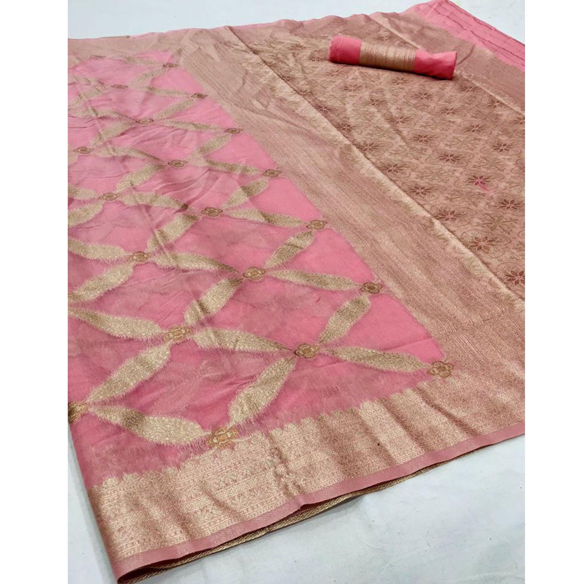 Gold & Peach Partywear Woven Chanderi Saree - Peachmode
