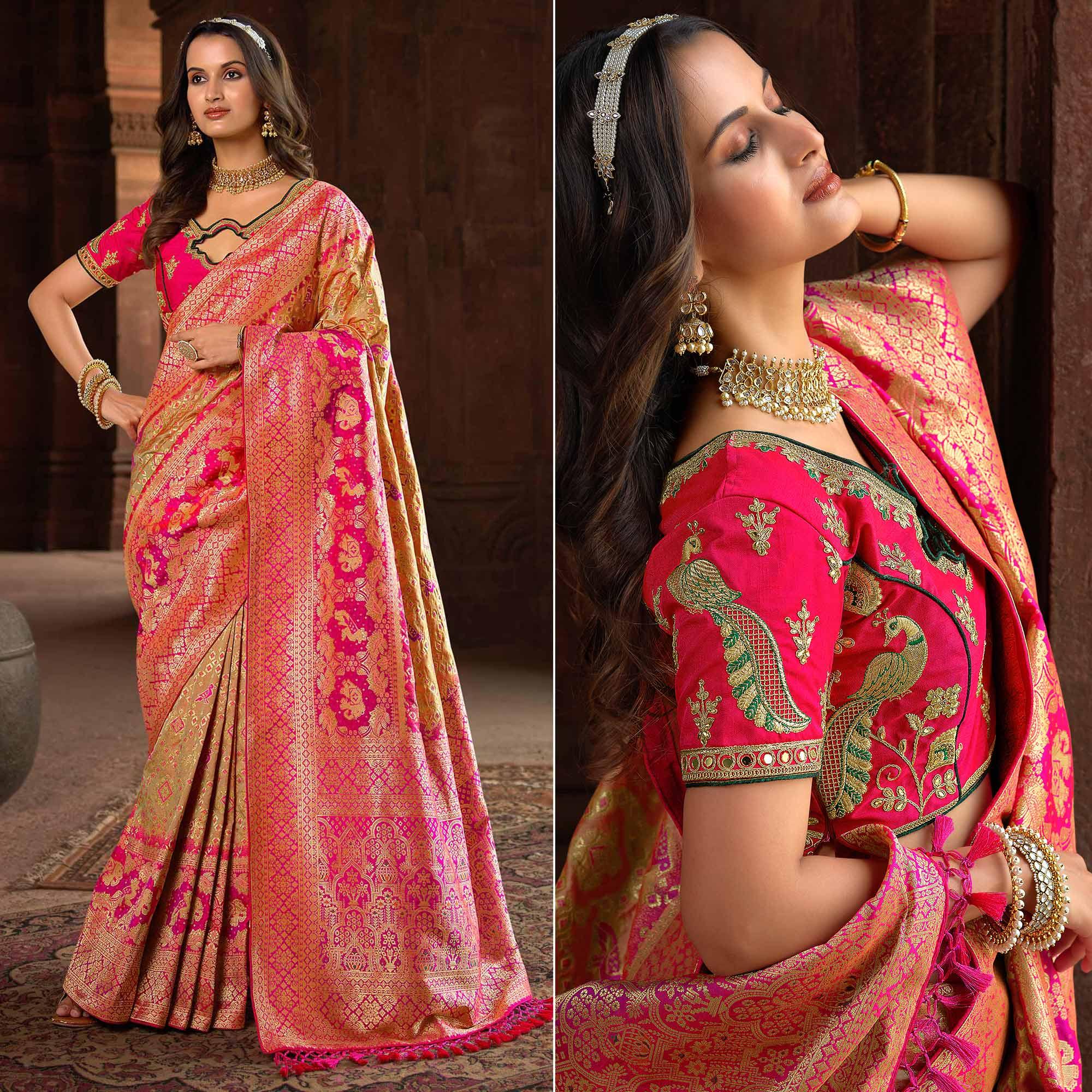 Gold & Rose Pink Woven Banarasi Silk Saree With Tassels - Peachmode