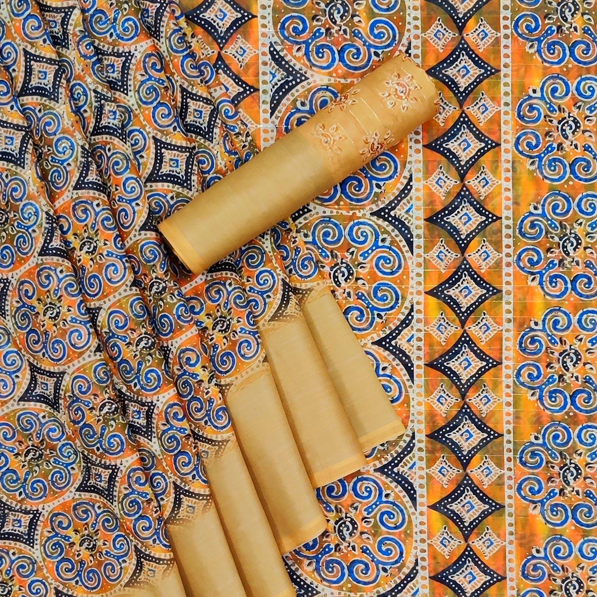 Gold Casual Wear Digital Printed Cotton Silk Saree - Peachmode