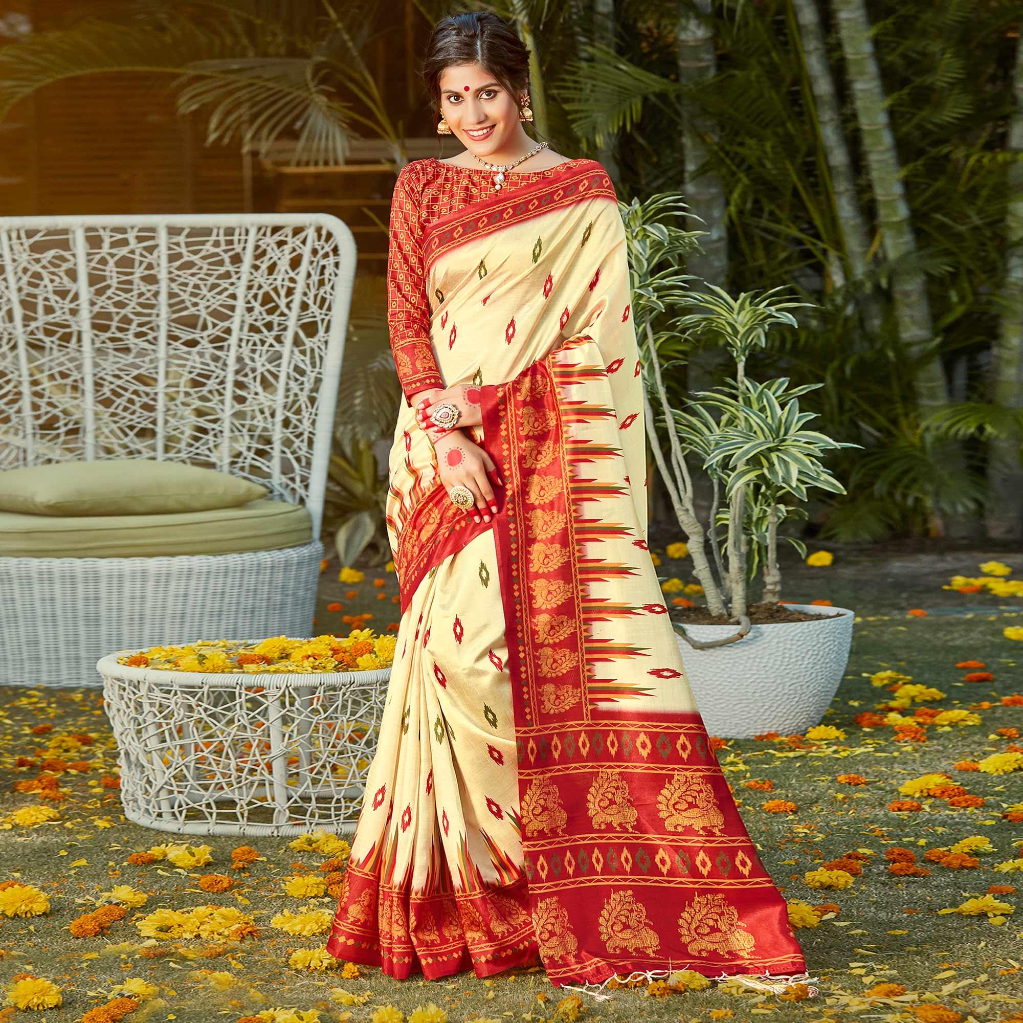 Gold Casual Wear Digital Printed Patola Silk Saree - Peachmode