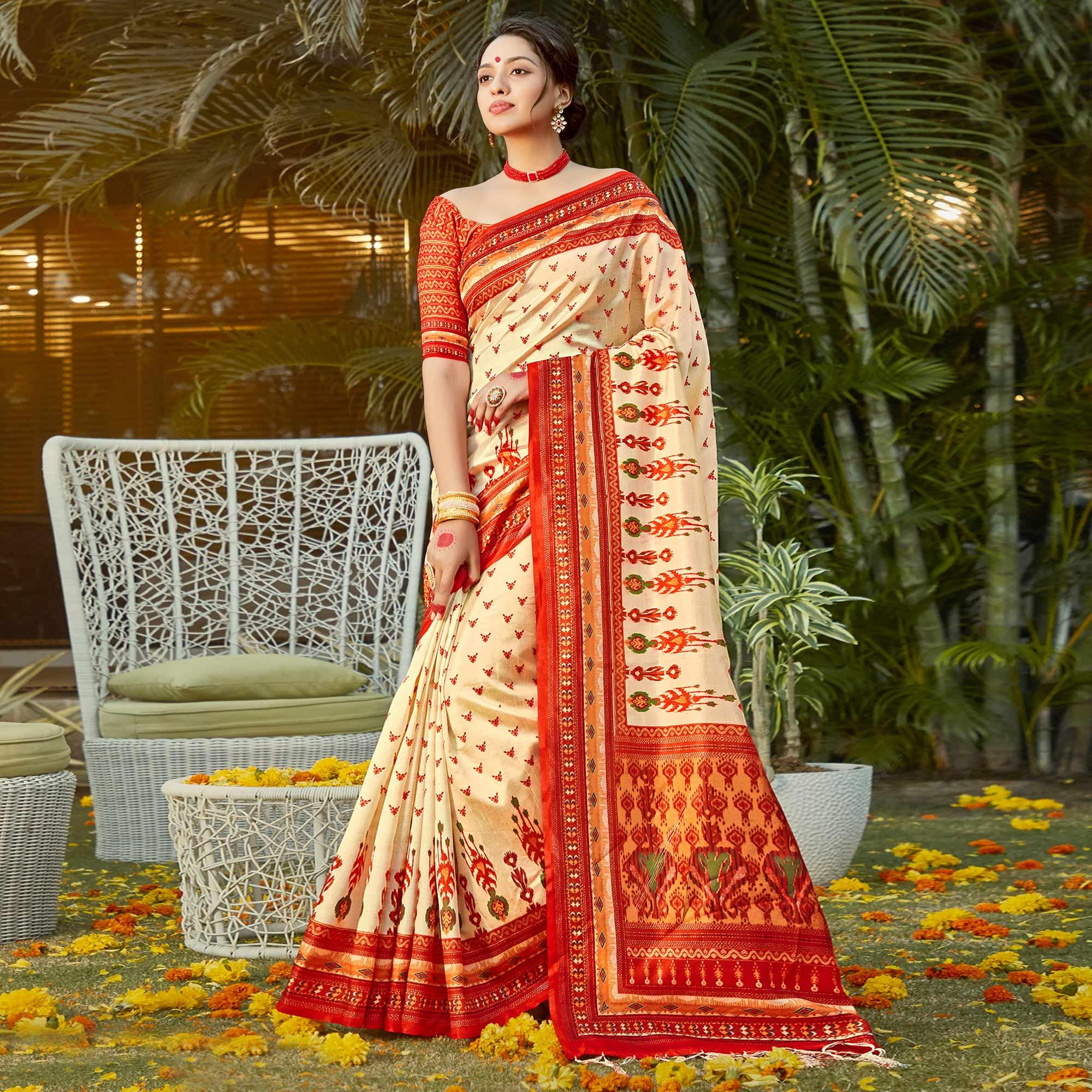 Gold Casual Wear Digital Printed Patola Silk Saree - Peachmode