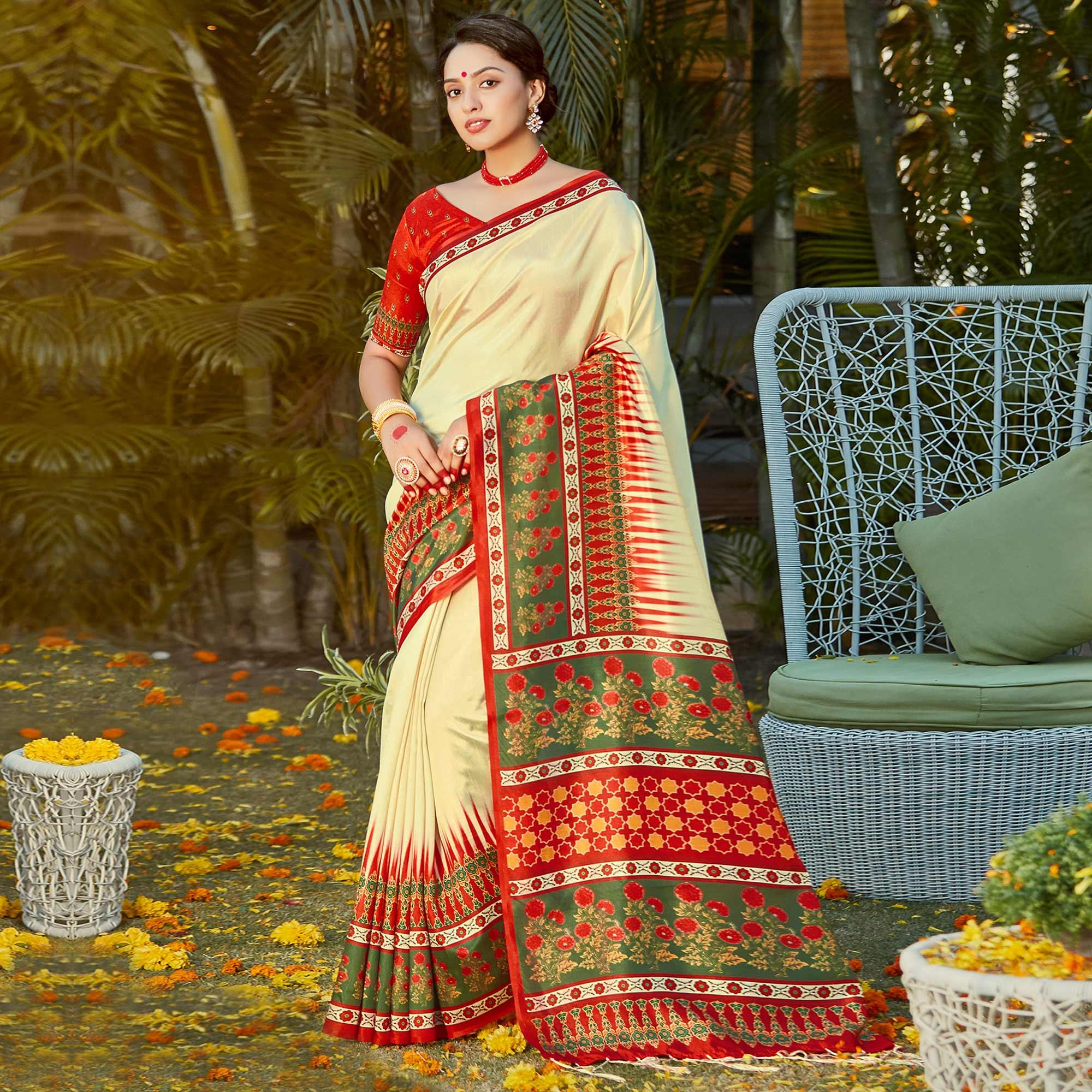 Gold Casual Wear Digital Printed Patola Silk Saree - Peachmode