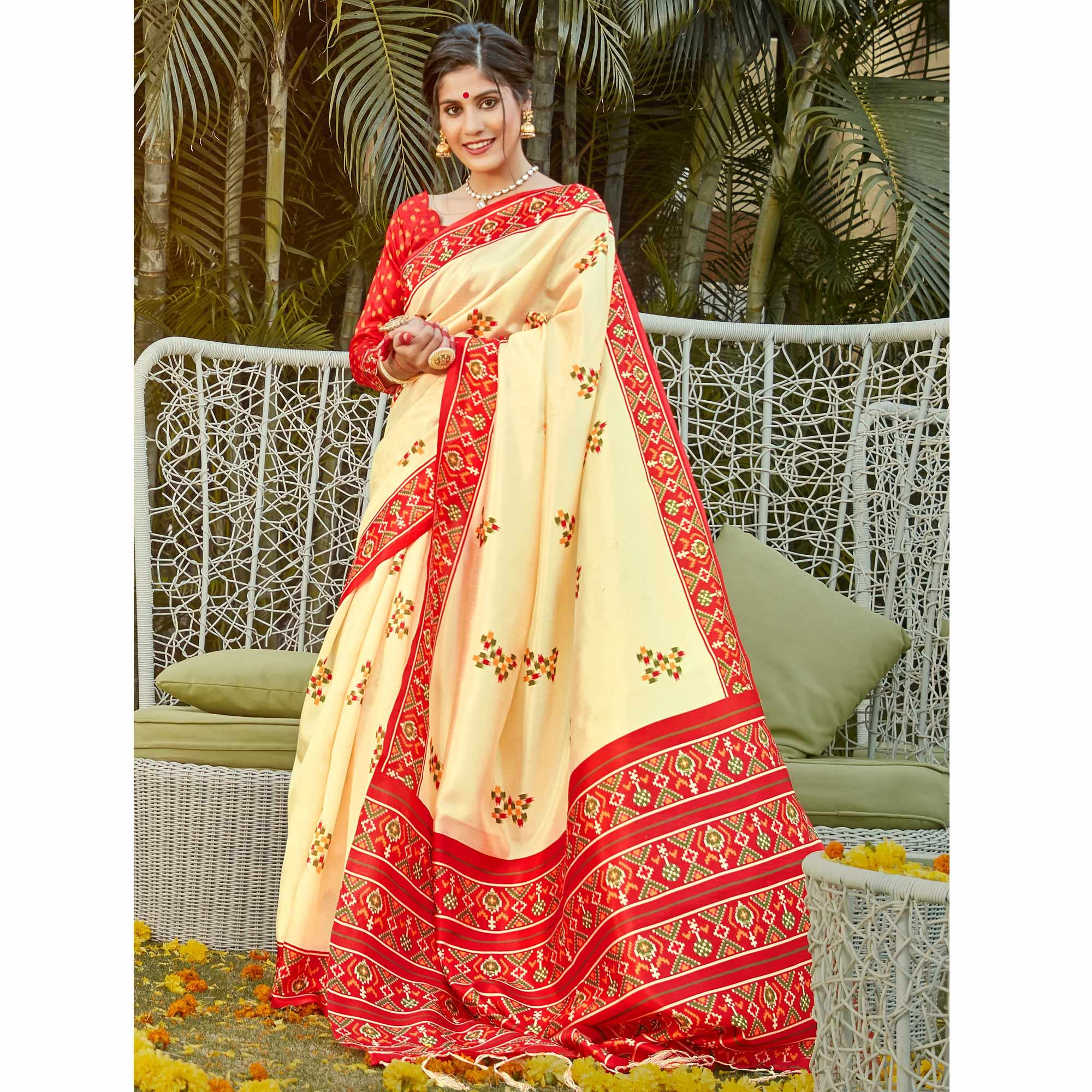 Gold Casual Wear Digital Printed Patola Silk Saree - Peachmode