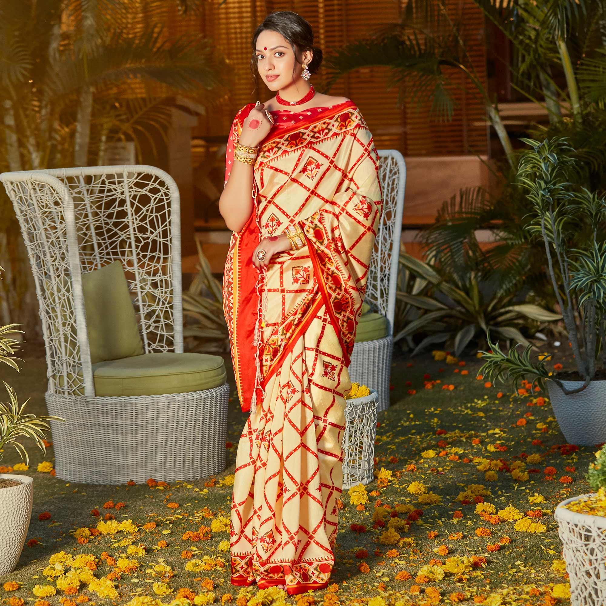 Gold Casual Wear Digital Printed Patola Silk Saree - Peachmode