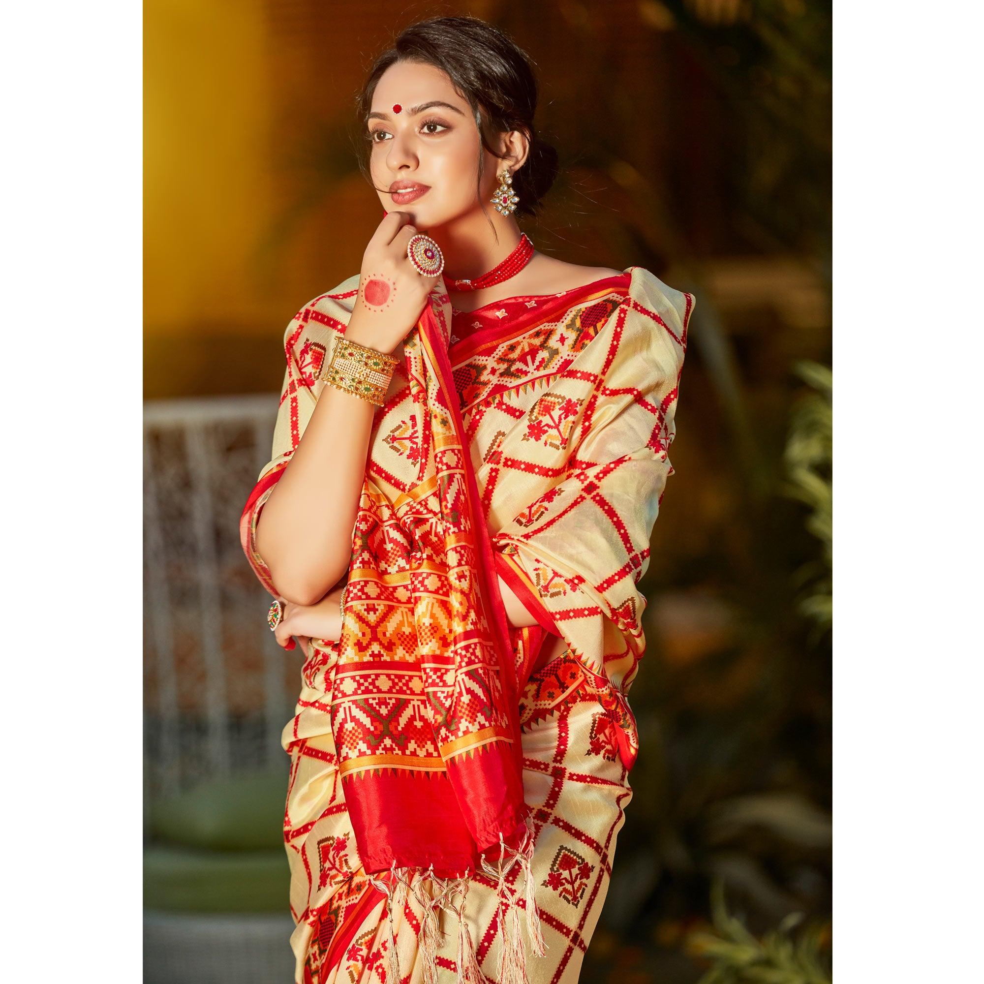 Gold Casual Wear Digital Printed Patola Silk Saree - Peachmode