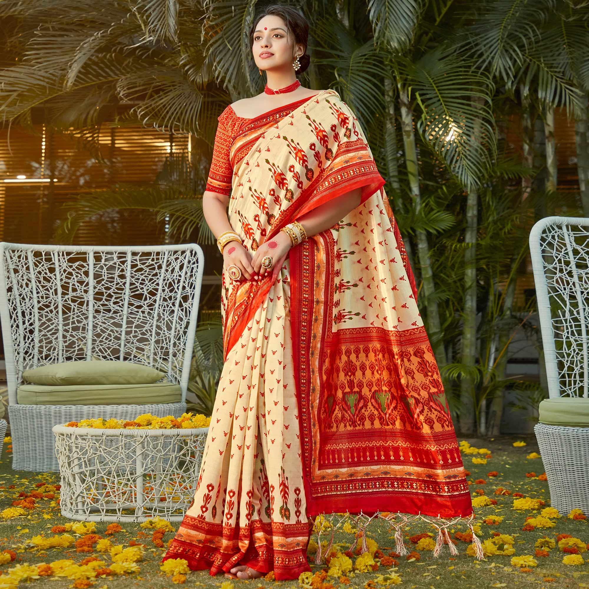 Gold Casual Wear Digital Printed Patola Silk Saree - Peachmode