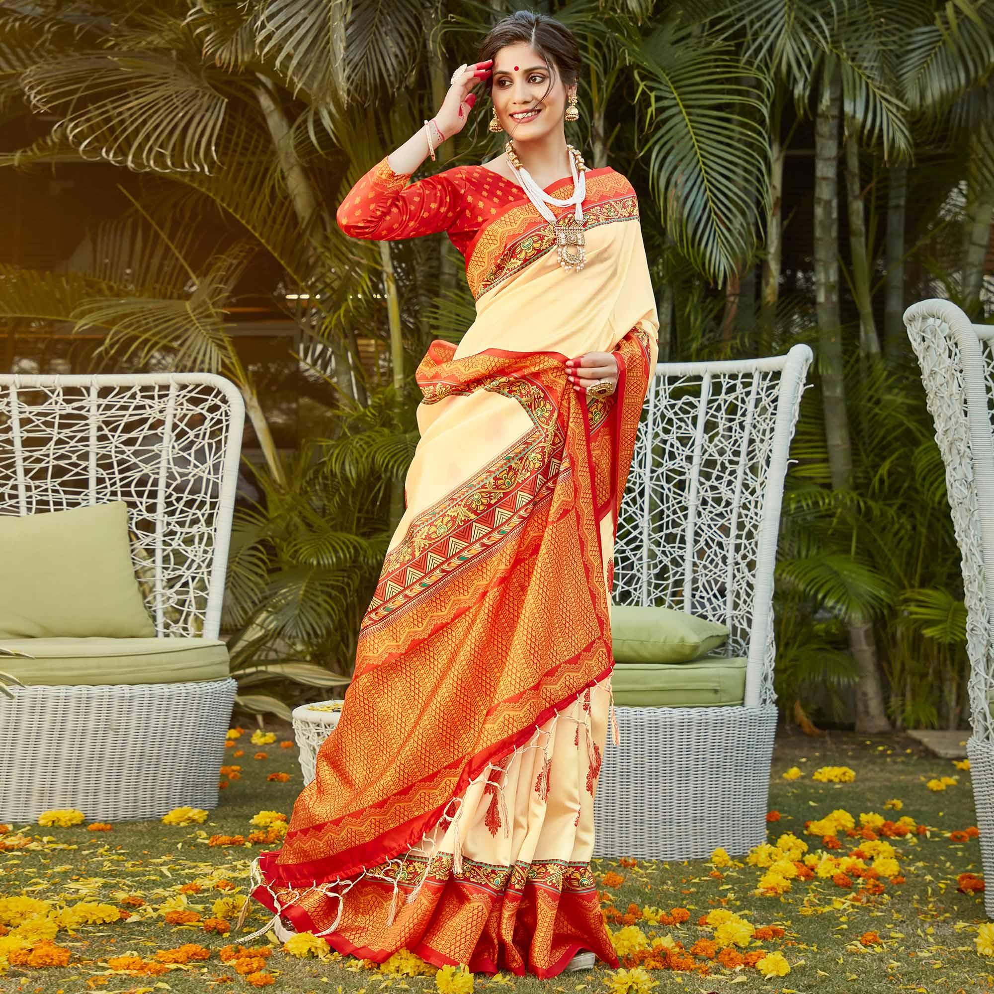 Gold Casual Wear Digital Printed Patola Silk Saree - Peachmode