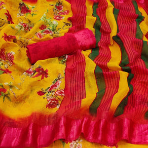 Gold Casual Wear Floral Digital Printed linen Saree - Peachmode
