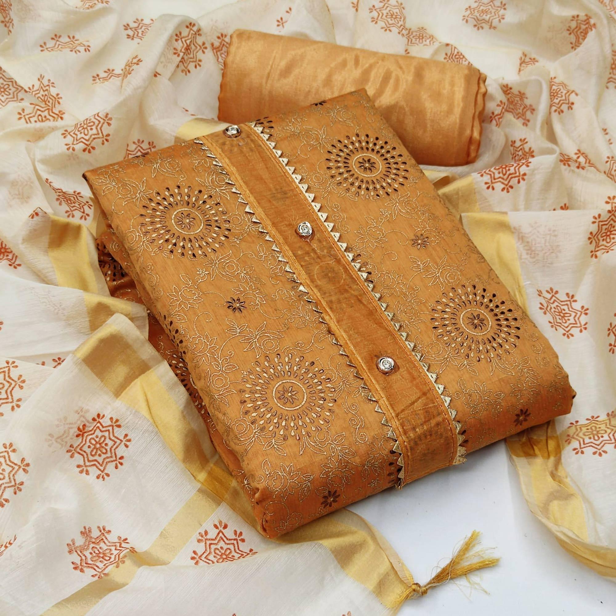 Gold Casual Wear Foil & Printed Chanderi Dress Material - Peachmode